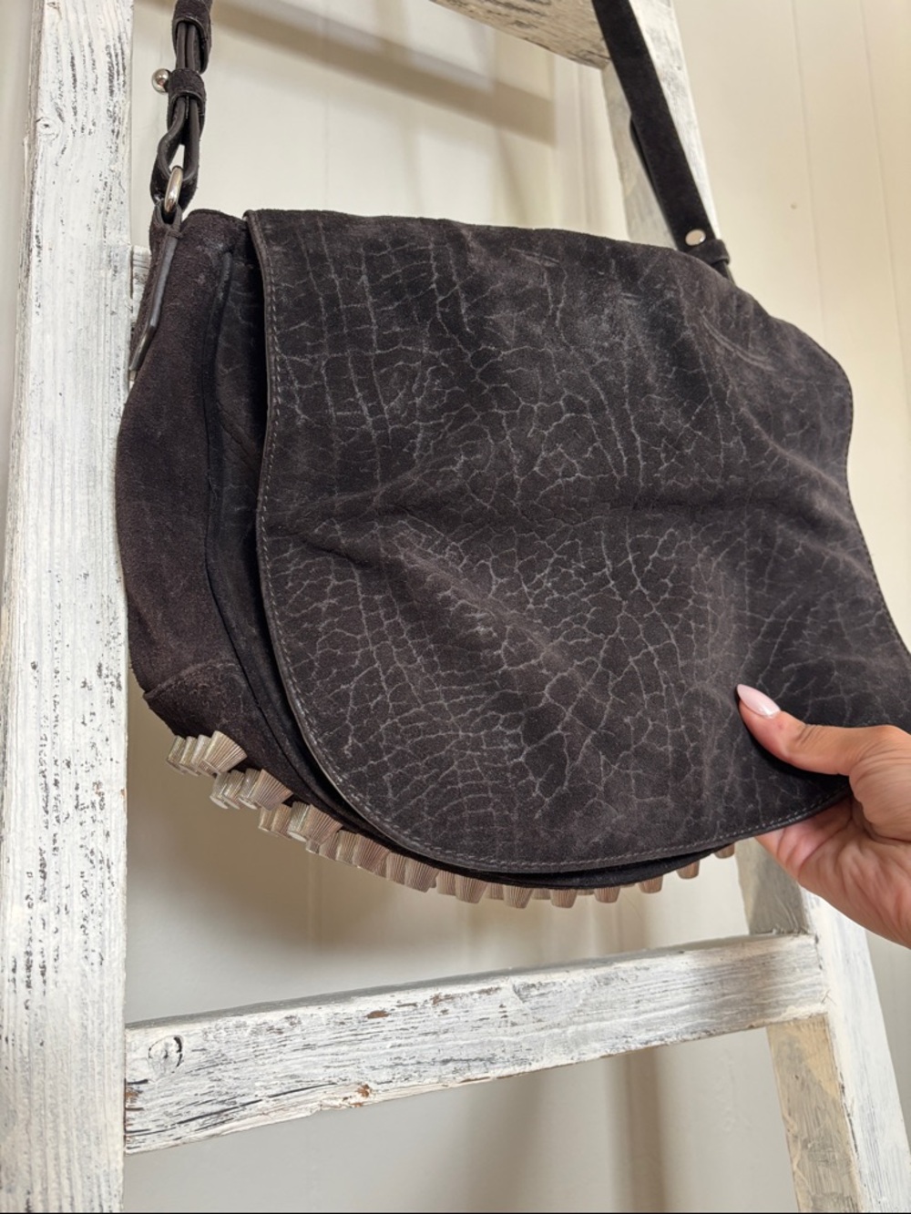Alexander Wang Espresso Suede Flap Crossbody Bag with Studded Bottom